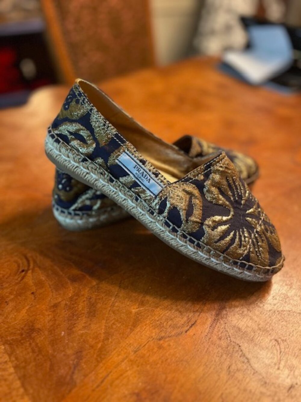 Prada Blue and Gold Jacquard Espadrilles